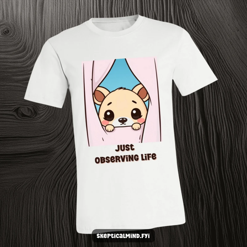 Funny t-shirt with a kawaii animal peeking from behind a curtain, displaying wide, doubtful eyes, perfect for expressing relatable hesitancy and humor.