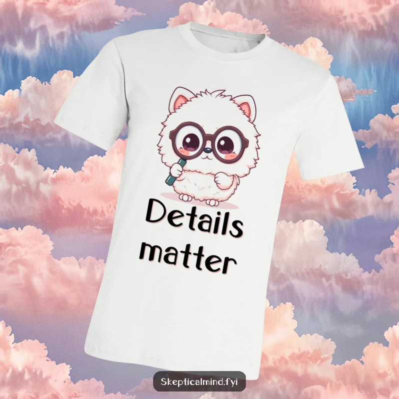 Funny t-shirt showing a fluffy Kawaii animal wearing large glasses, examining something with a magnifying glass, looking puzzled.
