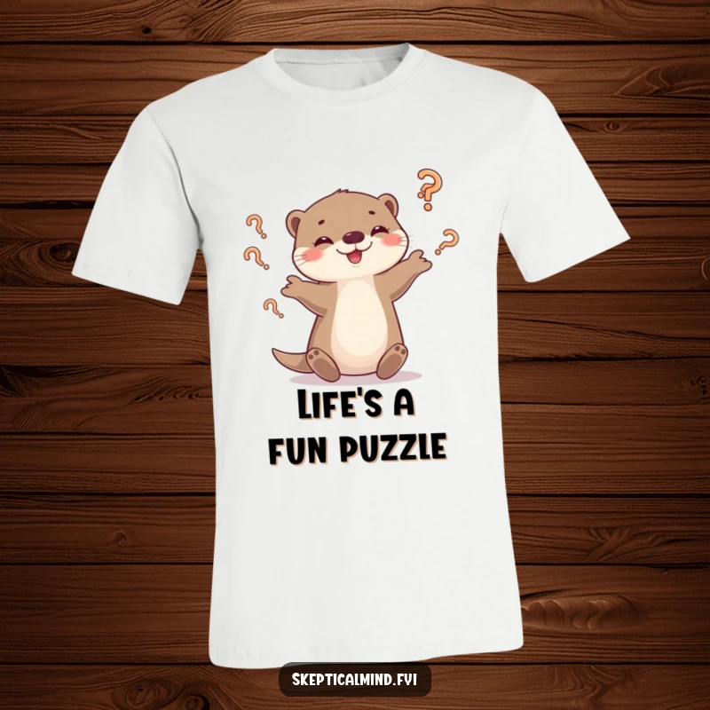 Funny otter t-shirt featuring a playful otter juggling question marks with a smirk, highlighting intellectual playfulness.