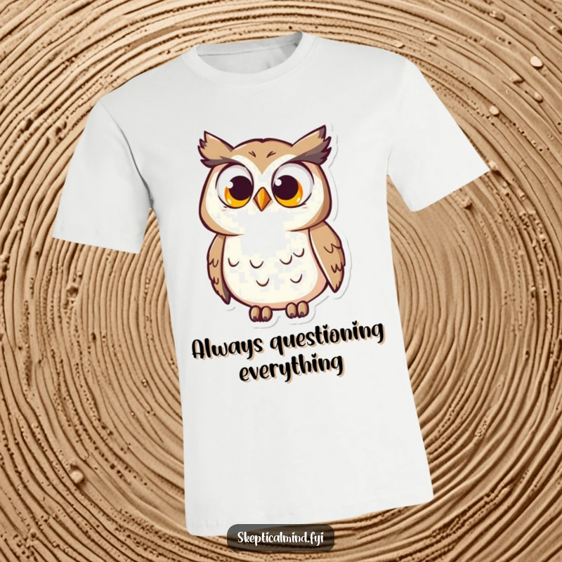 Funny T-Shirt: A curious owl with wide, expressive eyes tilts its head, embodying a thoughtful and humorous search for answers.