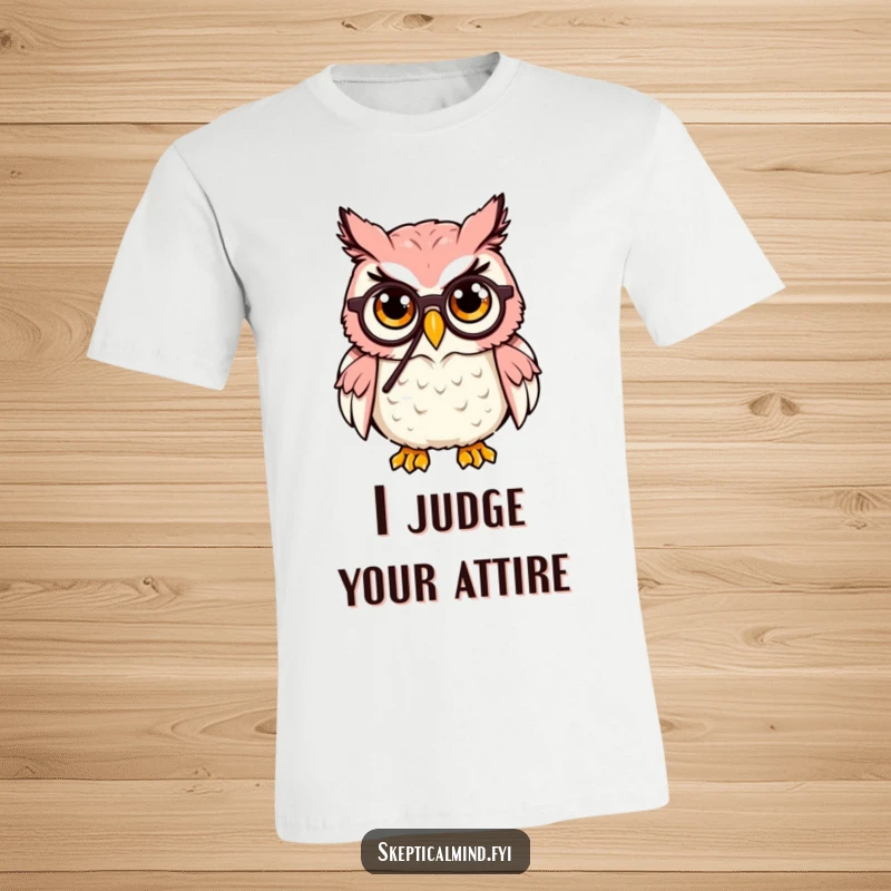 Funny Owl T-Shirt: A cute owl wearing a monocle is depicted raising an eyebrow skeptically, a humorous statement piece.