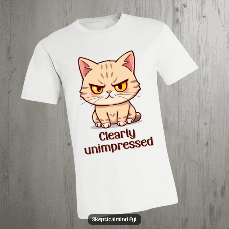 Funny Sassy Cat T-Shirt depicting a cat with one eyebrow raised, looking unimpressed yet amused, perfect for expressing sassy feline humor.