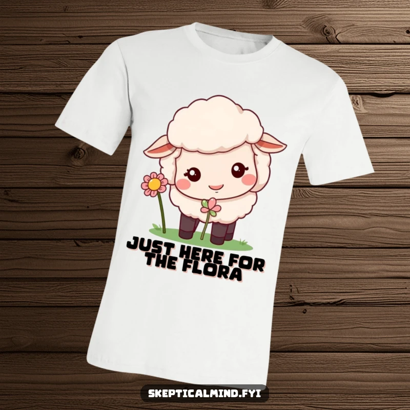 Funny t-shirt showing a sheep with a confused look sniffing a flower.