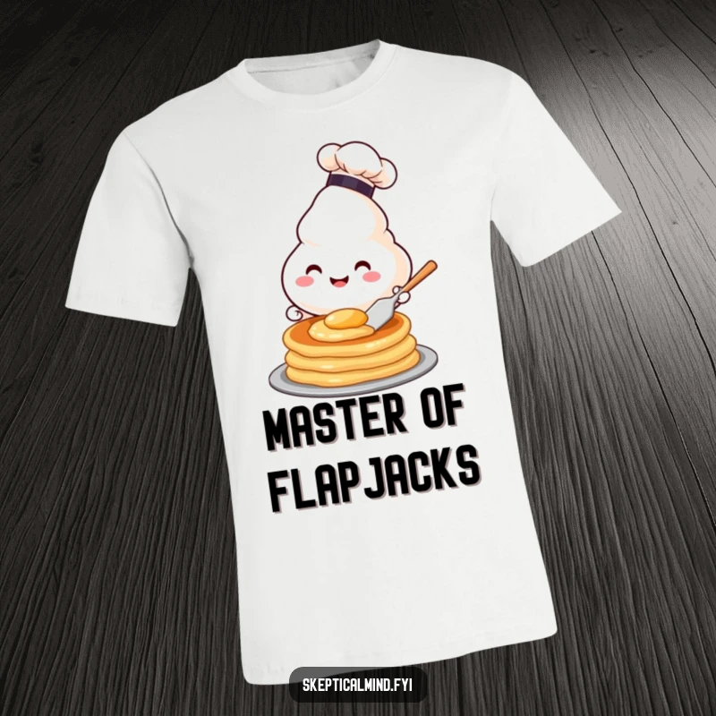 Funny t-shirt with a happy sour cream character in a chef hat flipping a pancake, representing humorous culinary talent.