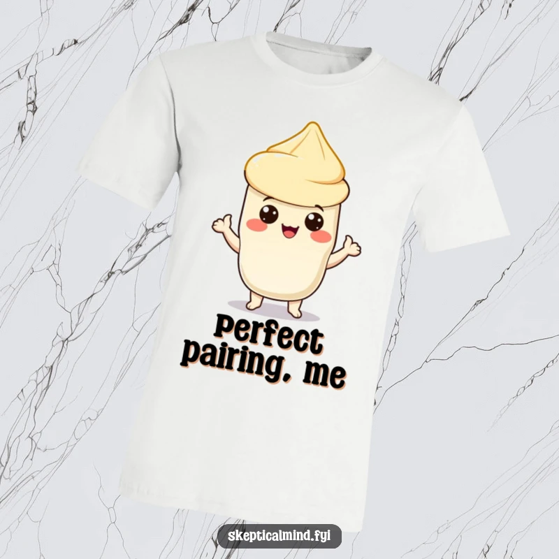 Funny t-shirt depicting a proud sour cream character presenting a perfect chip with a smug yet delightful expression, ideal for snack enthusiasts.
