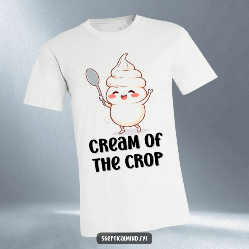 Funny t-shirt showcasing a giggling sour cream character in mid-silly dance with a spoon, bursting with comedic energy and fun.