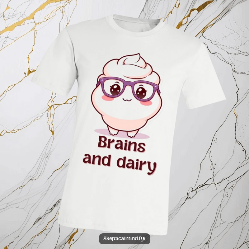Funny t-shirt with a delighted sour cream character sporting oversized glasses and a tiny, silly grin, perfect for bookish humor.