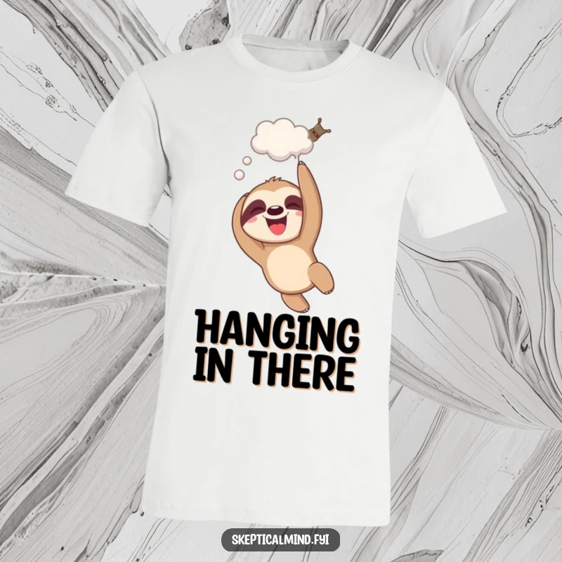 Funny giggling sloth t-shirt depicting a sloth dangling upside down with a thought bubble, radiating relaxed amusement.