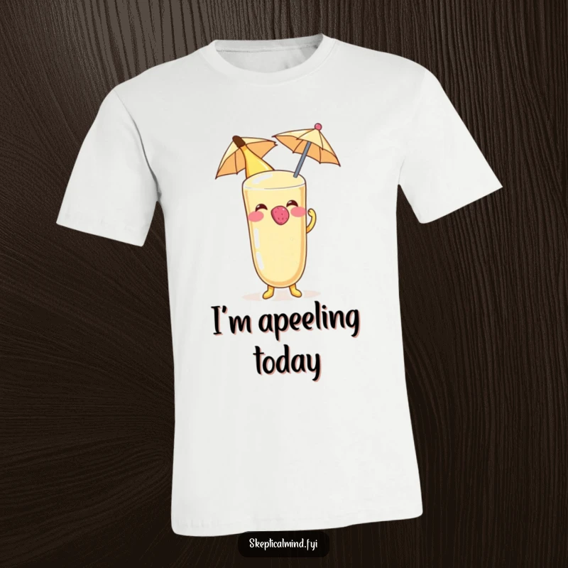 Funny Banana smoothie character humorously blowing a raspberry on a tiny umbrella, printed on a comfortable t-shirt.