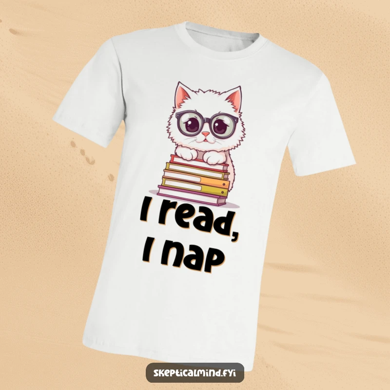 Funny T-Shirt: A fluffy cat wearing comically large spectacles peers over a stack of books, embodying a scholarly and humorous persona.