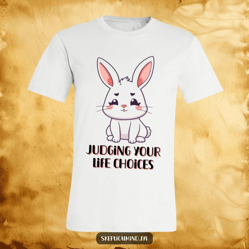 Funny bunny t-shirt featuring a perky rabbit with ears perked, head cocked, and furrowed brows, emphasizing deep thought.
