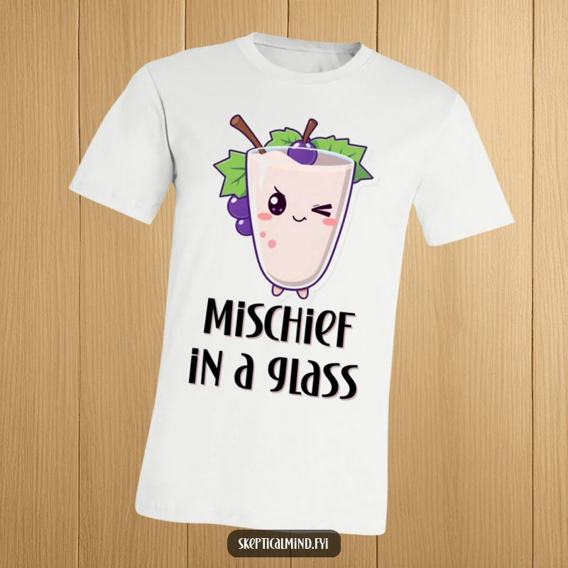Funny grape smoothie character with a knowing, mischievous wink, featured boldly on this t-shirt.