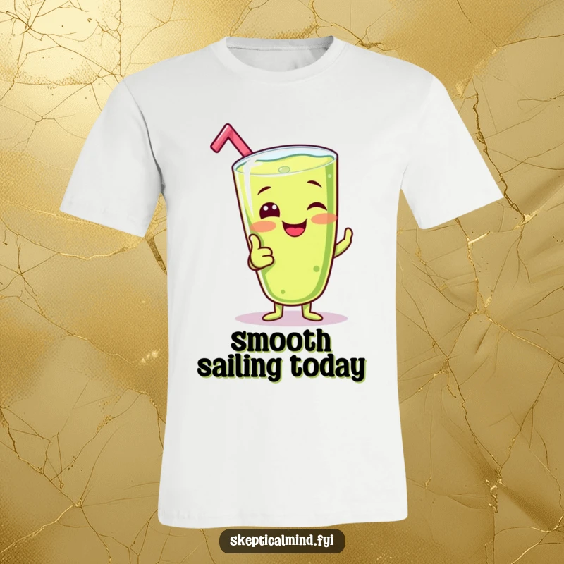 Funny t-shirt showcasing a giggling kiwi smoothie character giving a goofy thumbs-up, symbolizing happiness and a positive attitude.