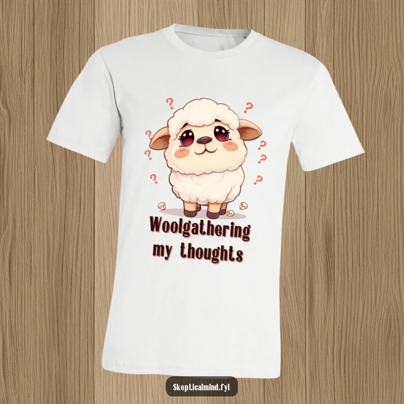 Funny sheep t-shirt showing a fluffy sheep with a furrowed brow looking concerned, surrounded by tiny doubts, hilariously relatable.