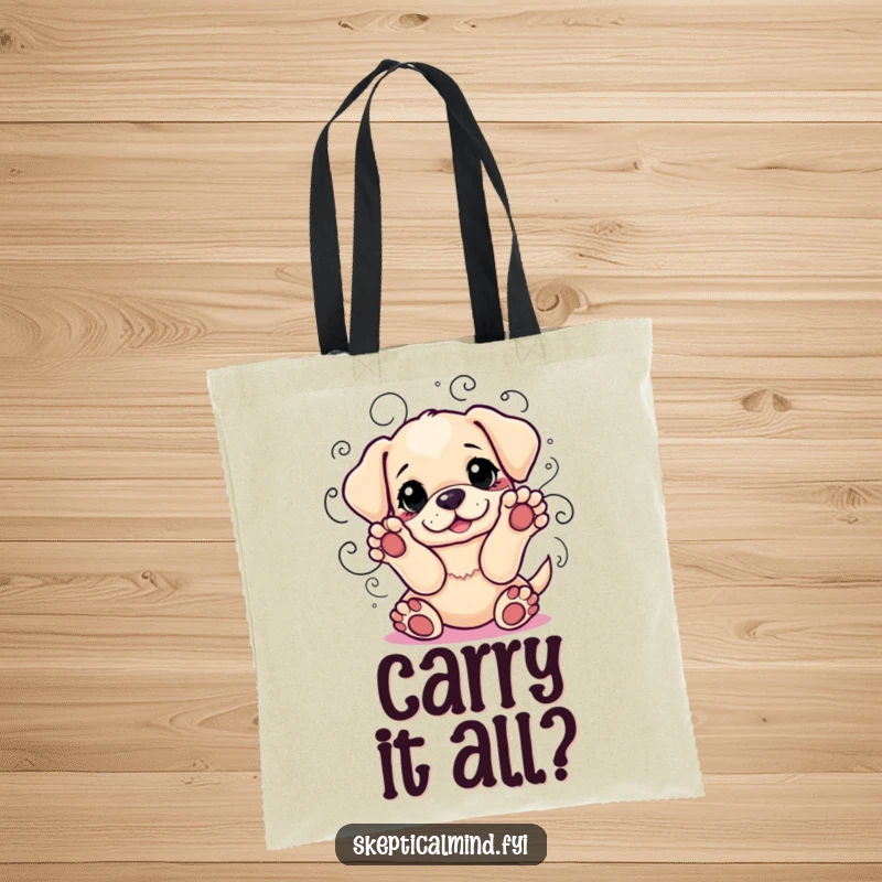 Funny tote bag depicting a playful puppy with paws up, surrounded by swirling lines representing indecision, ready for any task.