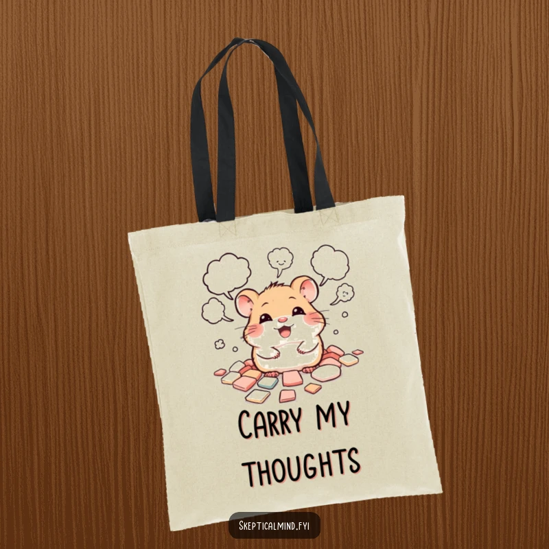 Funny tote bag depicting a giggling hamster peeking from scattered thought bubbles, ideal for carrying ideas.