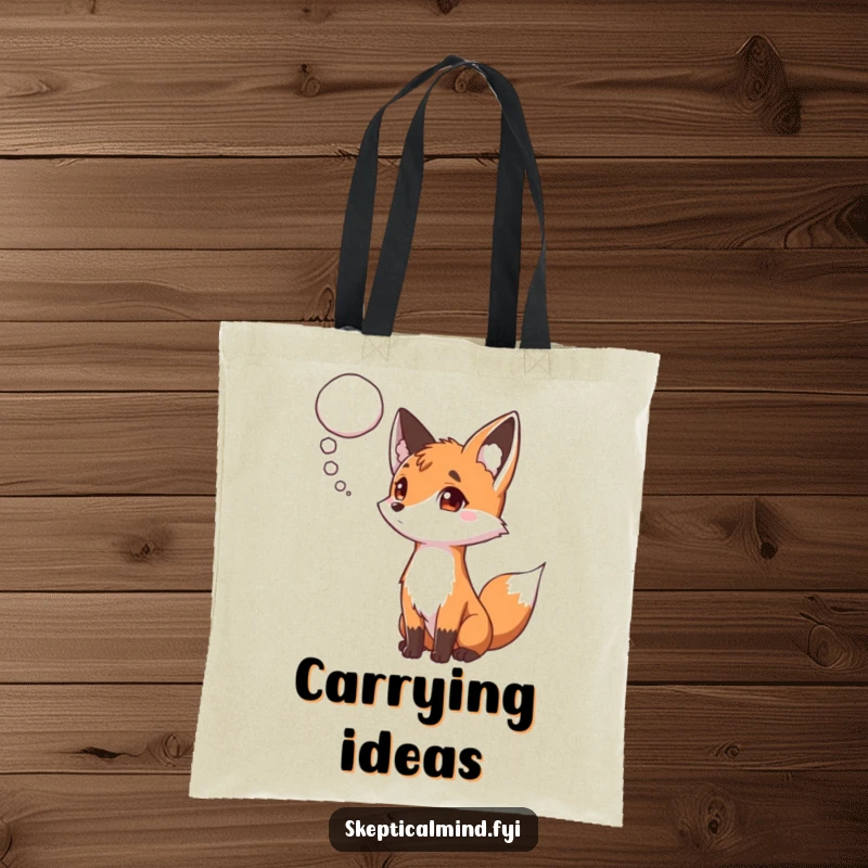 Funny tote bag depicting a curious fox with one eyebrow raised, intently watching a transparent thought bubble hover nearby, full of ideas.