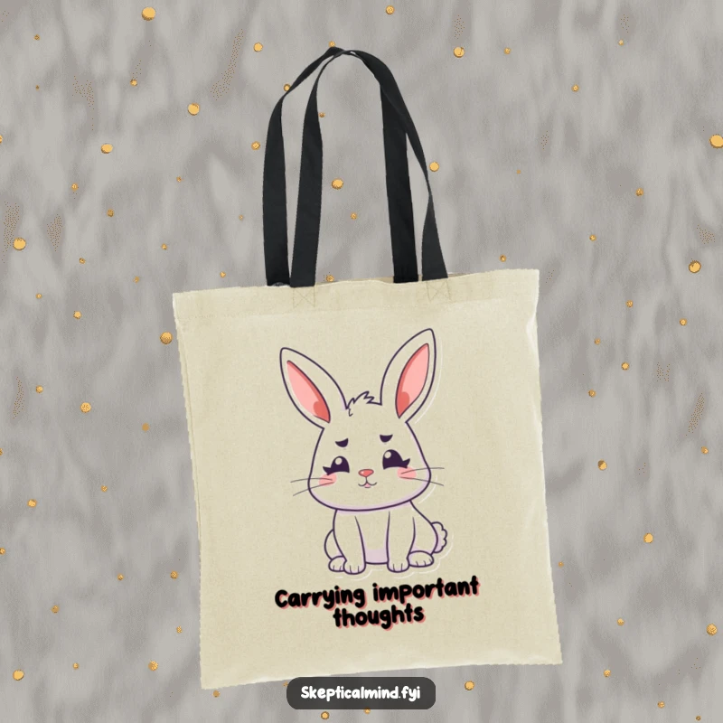 Funny bunny tote bag featuring a perky rabbit with ears perked and furrowed brows, ready to carry thoughts.