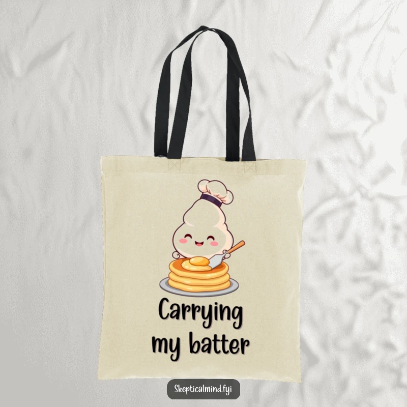 Funny tote bag with a happy sour cream character in a chef hat flipping a pancake, symbolizing humorous culinary adventures.