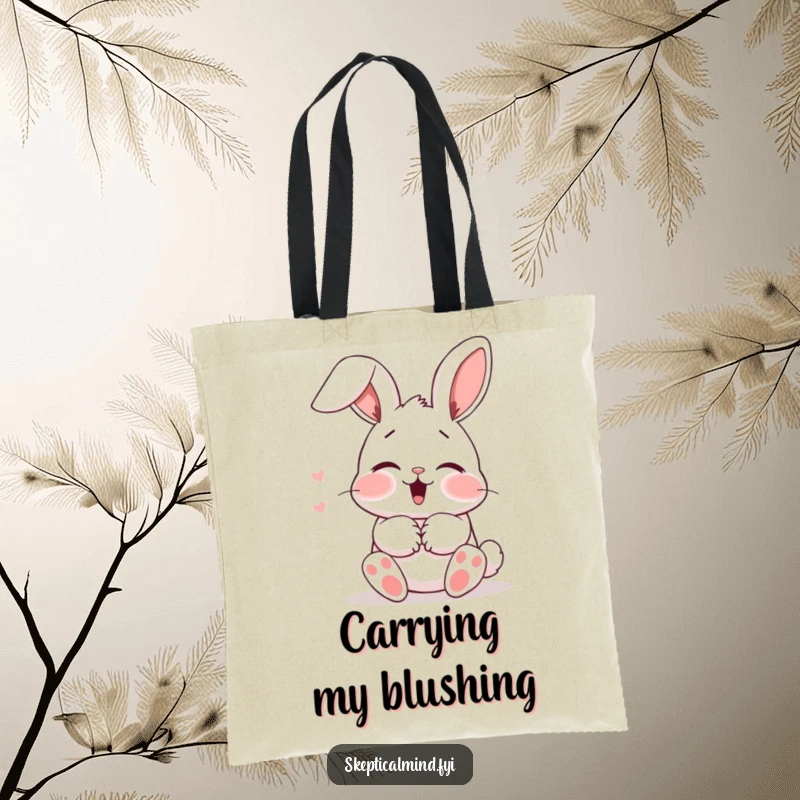 Funny Tote Bag: A blushing bunny covers its mouth giggling, ears down, a symbol of shy joy and cuteness.