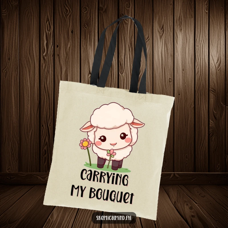 Funny tote bag with a quizzical sheep curiously sniffing a beautiful flower.