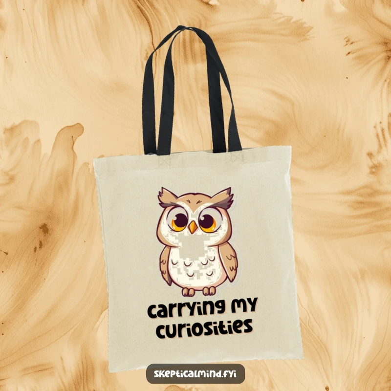 Funny Tote Bag: A curious owl with wide, questioning eyes tilts its head, a humorous and thoughtful companion for everyday journeys.