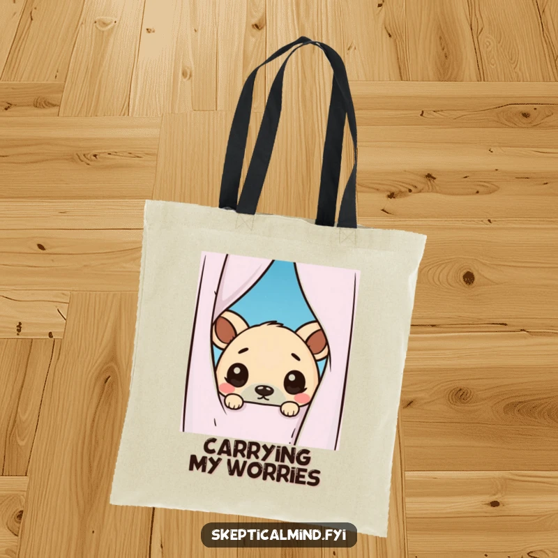 Funny tote bag with a kawaii animal peeking from behind a curtain, its wide eyes full of doubt, ideal for humorous everyday use.