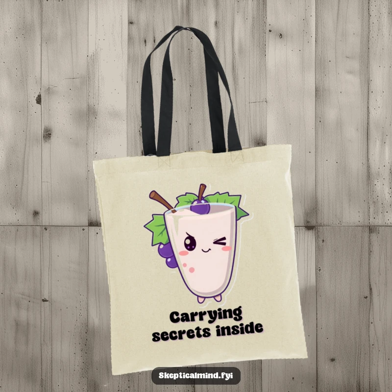 Funny grape smoothie character with a signature mischievous wink, adorning this practical and stylish tote bag.
