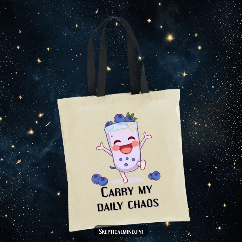 Funny Blueberry smoothie character captured in a cartwheel, featured on a practical and funny tote bag.