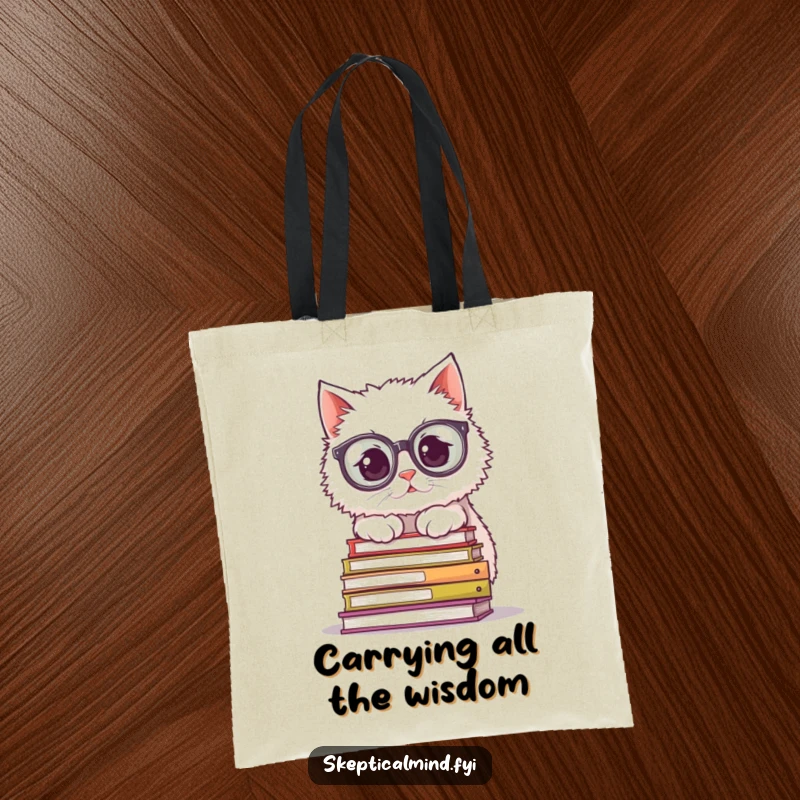 Funny Tote Bag: A fluffy cat with oversized glasses peers over a pile of books, a humorous and practical companion for book lovers.