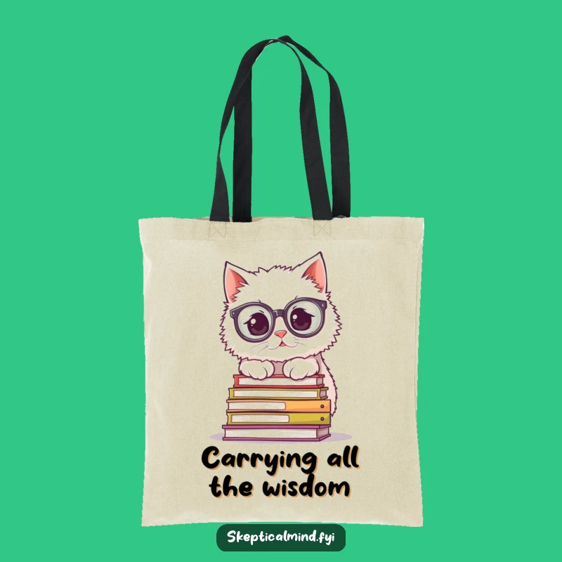 Funny Cat Tote Bag: Spacious bag with bookish cat and glasses, a practical gift.