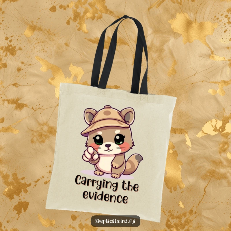 Funny Kawaii animal in a deerstalker hat, pointing an accusatory paw, on a durable tote bag for carrying your investigative essentials.