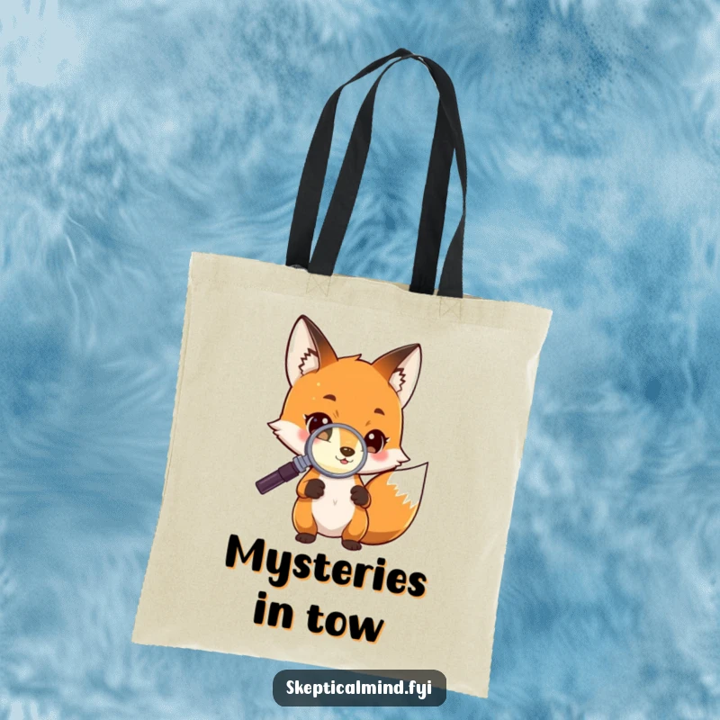 Funny Tote Bag showcasing a curious fox character examining a small glowing object with a magnifying glass, perfect for carrying secrets.