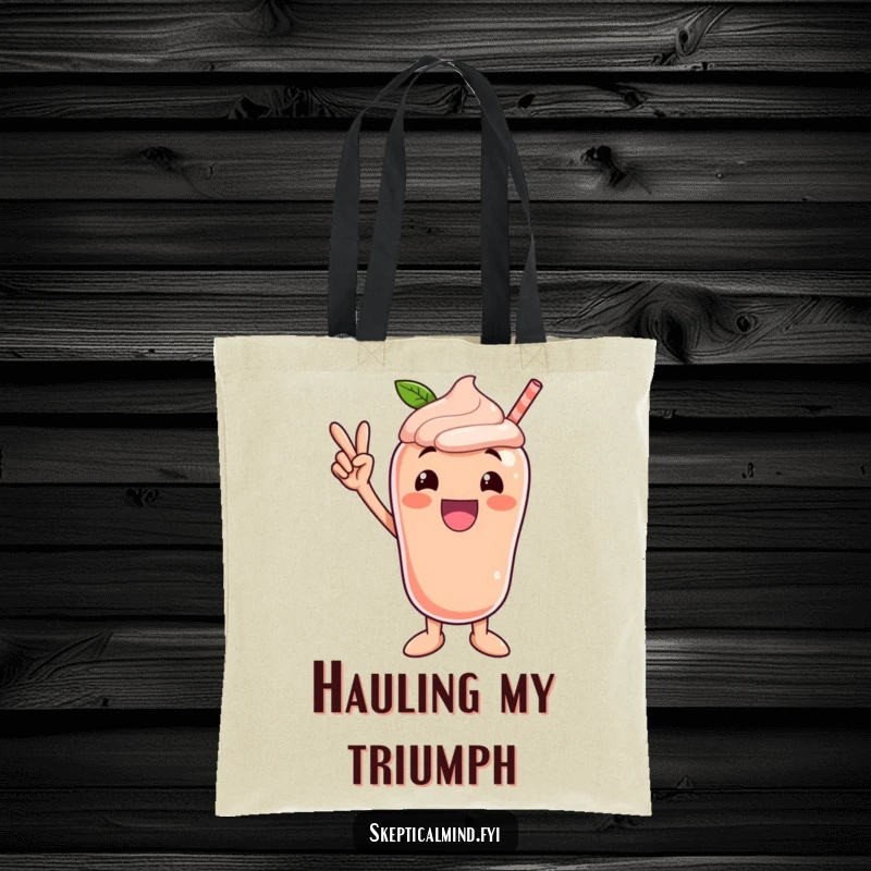 Funny tote bag featuring an excited peach smoothie character striking a victorious pose, symbolizing success and achievement.