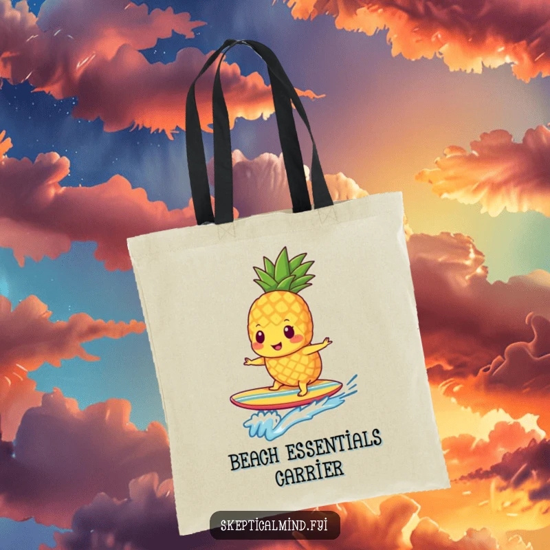 Funny pineapple smoothie character carrying beach gear while surfing on a mini surfboard, featured on a stylish tote bag.