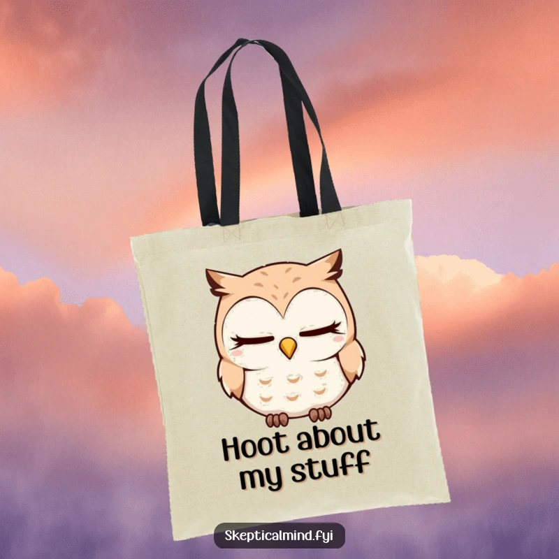Funny Tote Bag showcasing a sleepy owl tilting its head quizzically while blinking slowly, perfect for carrying daily thoughts and necessities.