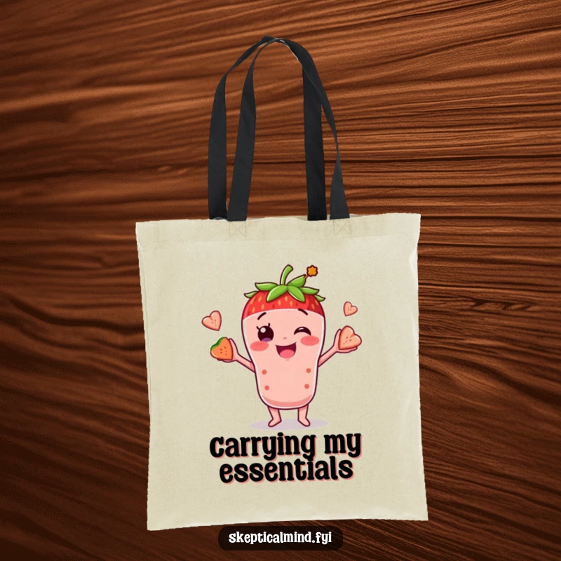 Funny tote bag with a smiling strawberry smoothie character juggling fruit, ideal for carrying groceries or everyday items with flair.