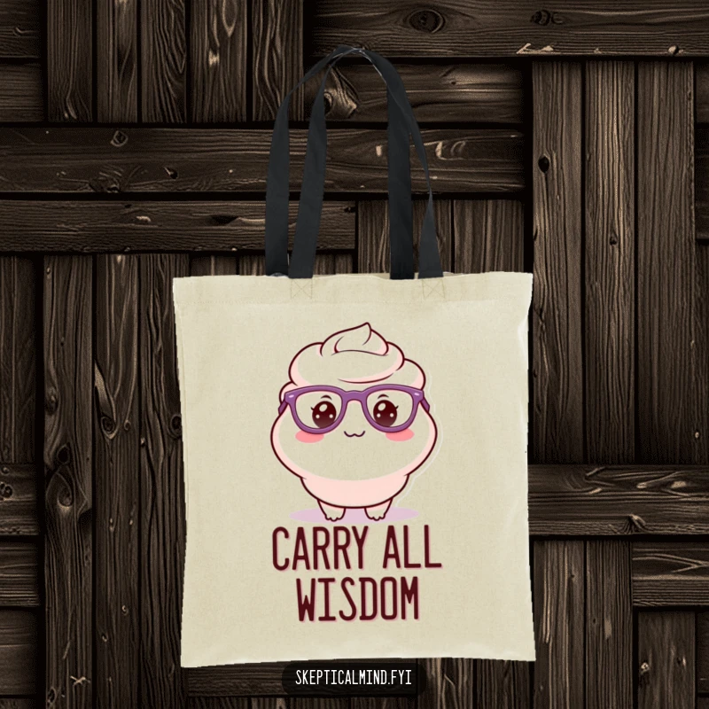 Funny tote bag with a delighted sour cream character in oversized glasses and a silly grin, ideal for carrying books and brains.