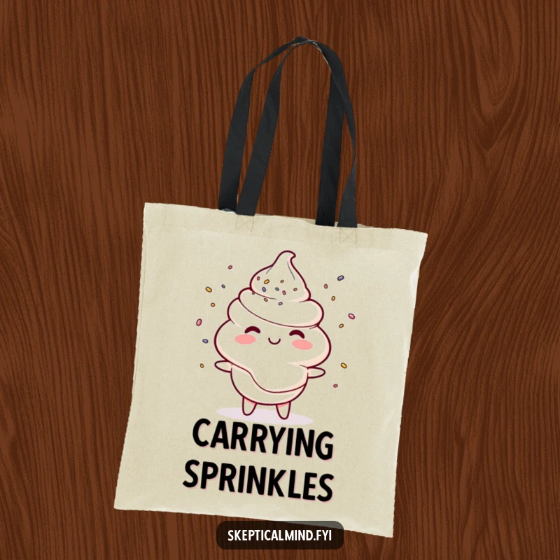 Funny tote bag with a smiling sour cream character juggling tiny sprinkles, symbolizing humorous confectionery adventures.