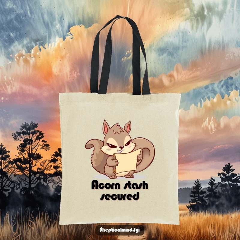 Funny squirrel tote bag showing a mischievous squirrel with a sly grin holding a secret scroll, perfect for carrying daily items.