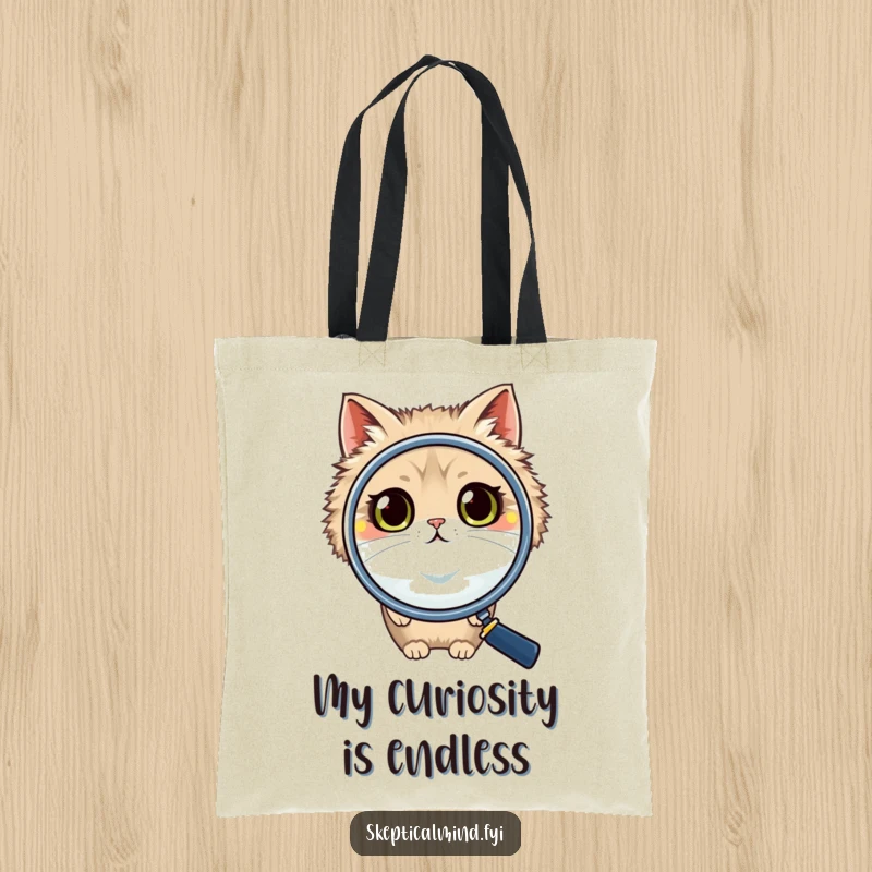 Funny cat tote bag with a fluffy cat peering inquisitively over a giant magnifying glass, its wide eyes full of playful wonder and search.